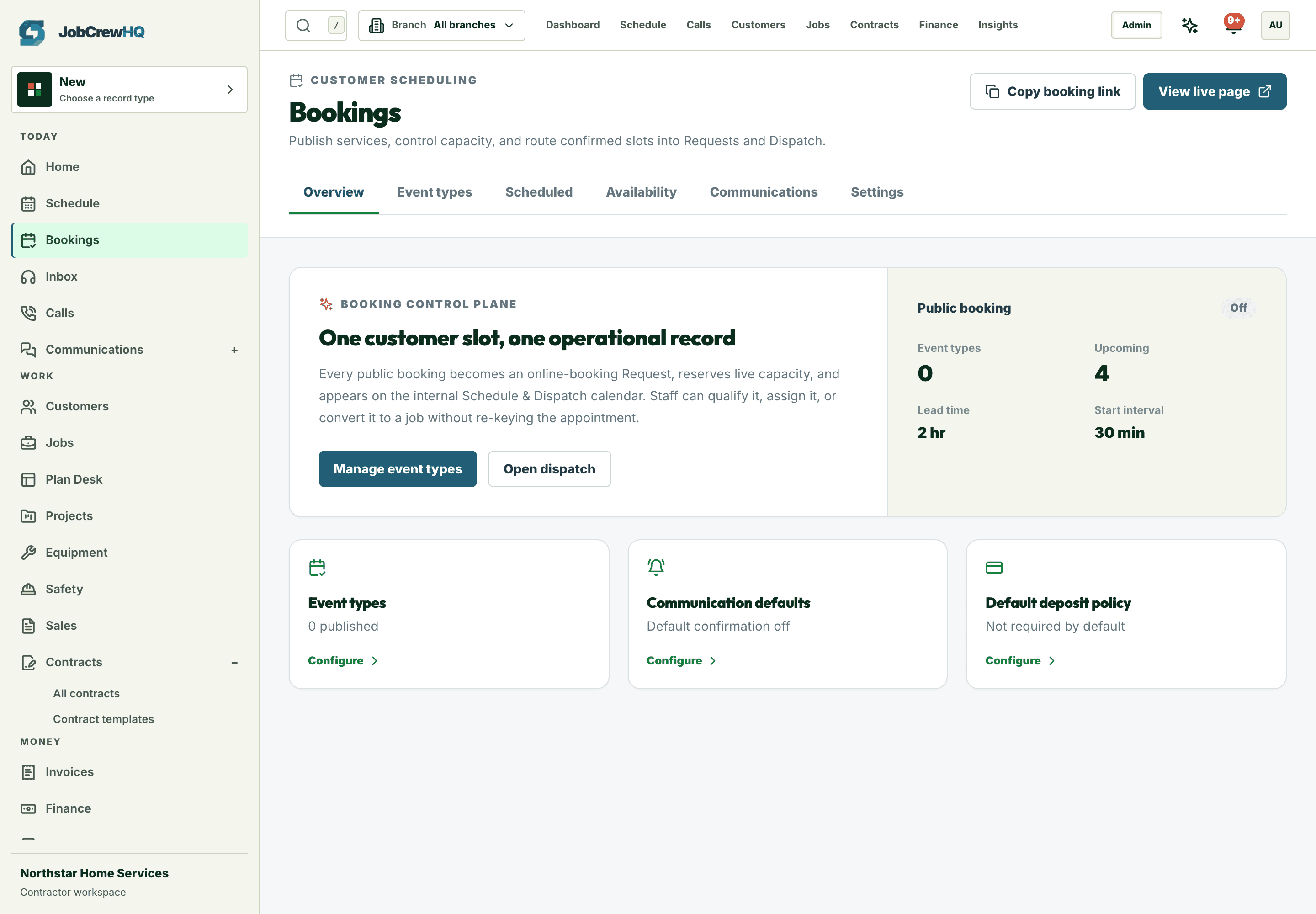 Bookings workspace with upcoming self-serve appointments
