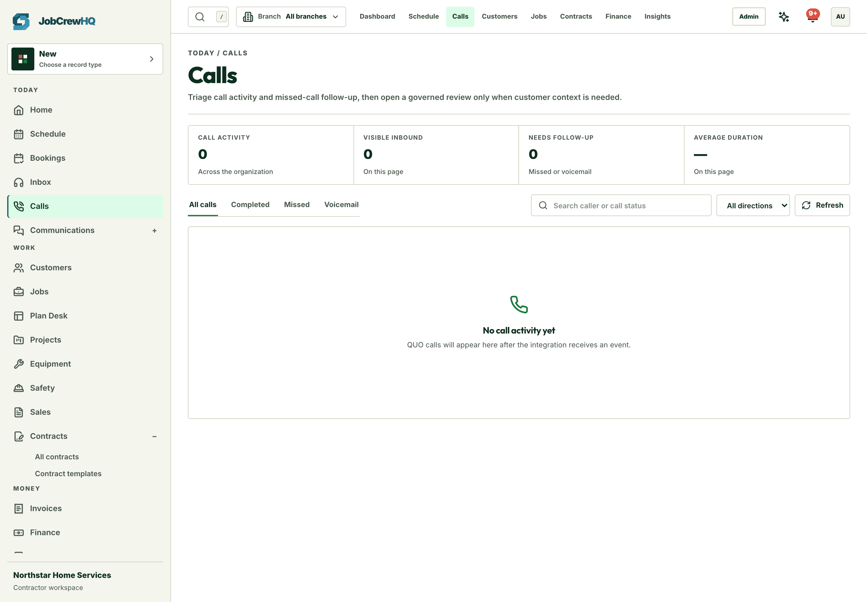 Calls workspace with call activity, recordings, and follow-up context