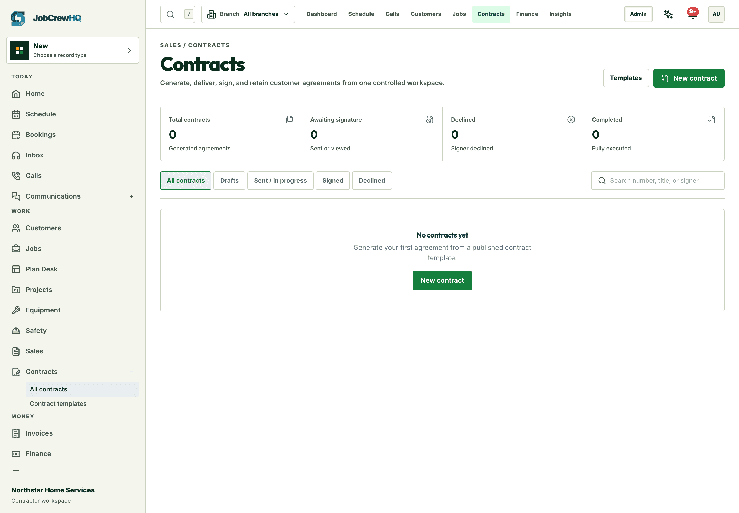 Contracts workspace with agreements, signatures, and statuses