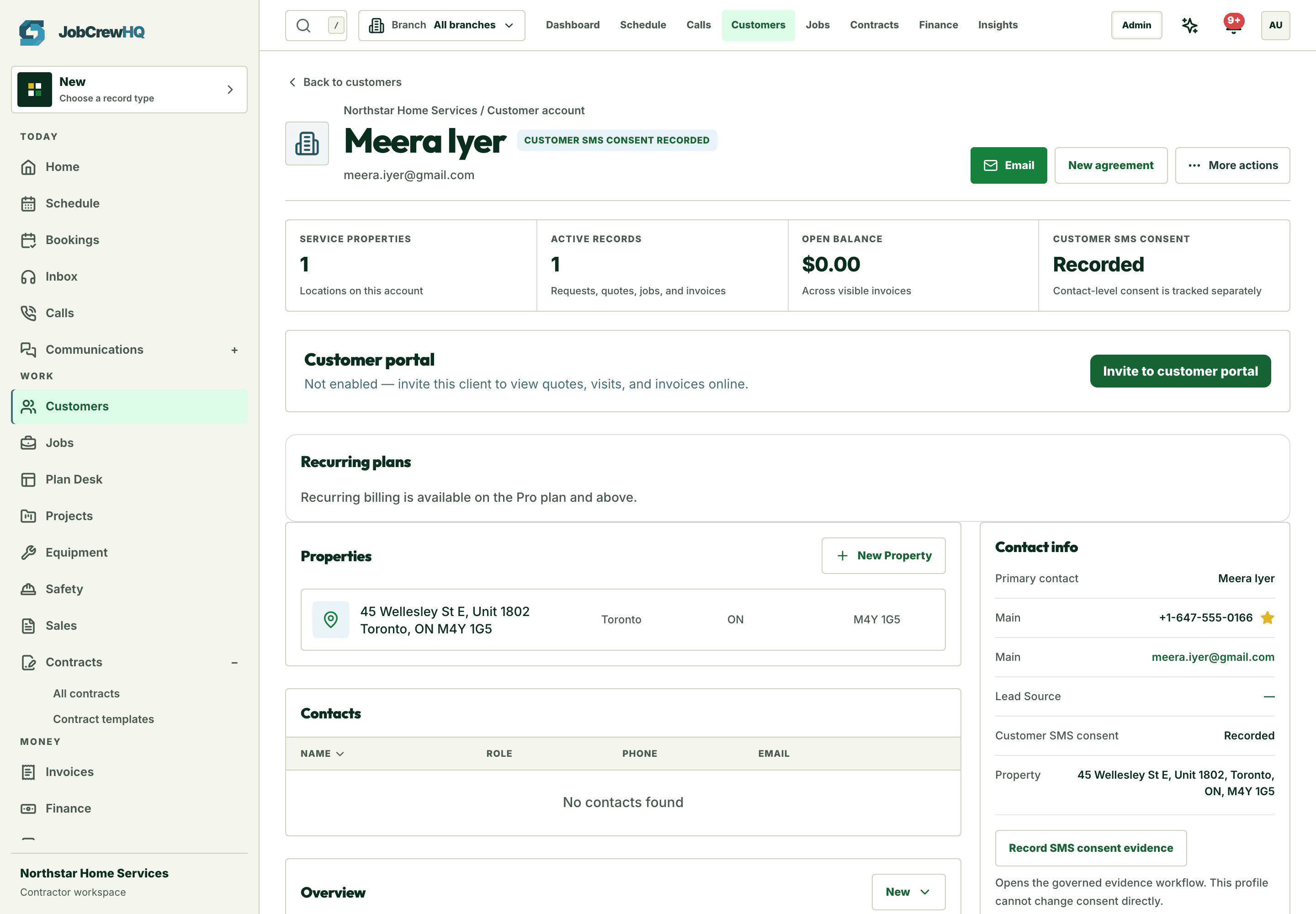 Customer record showing properties, work history, quotes, invoices, and communication context