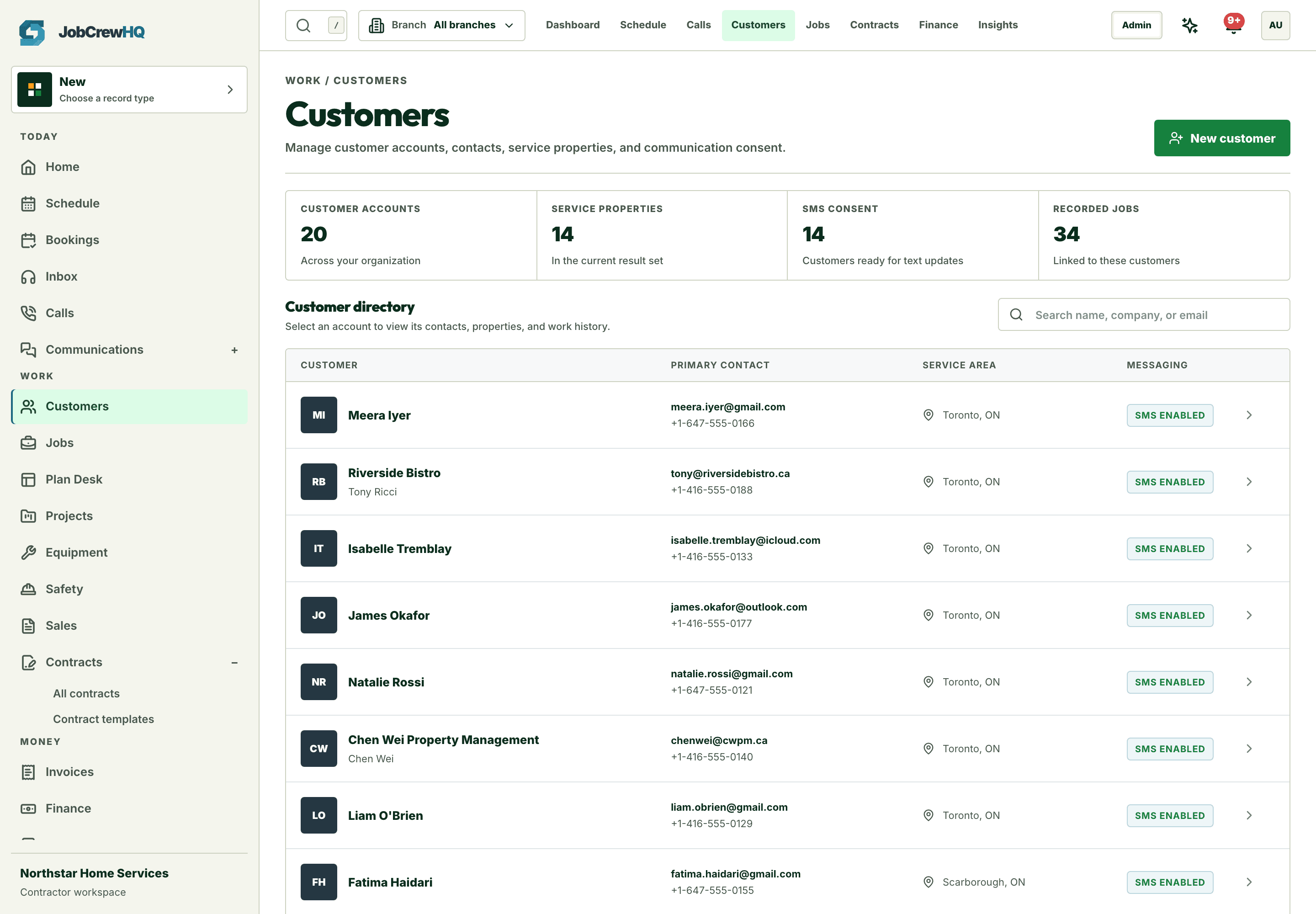 Customer list with contact details, tags, and service locations