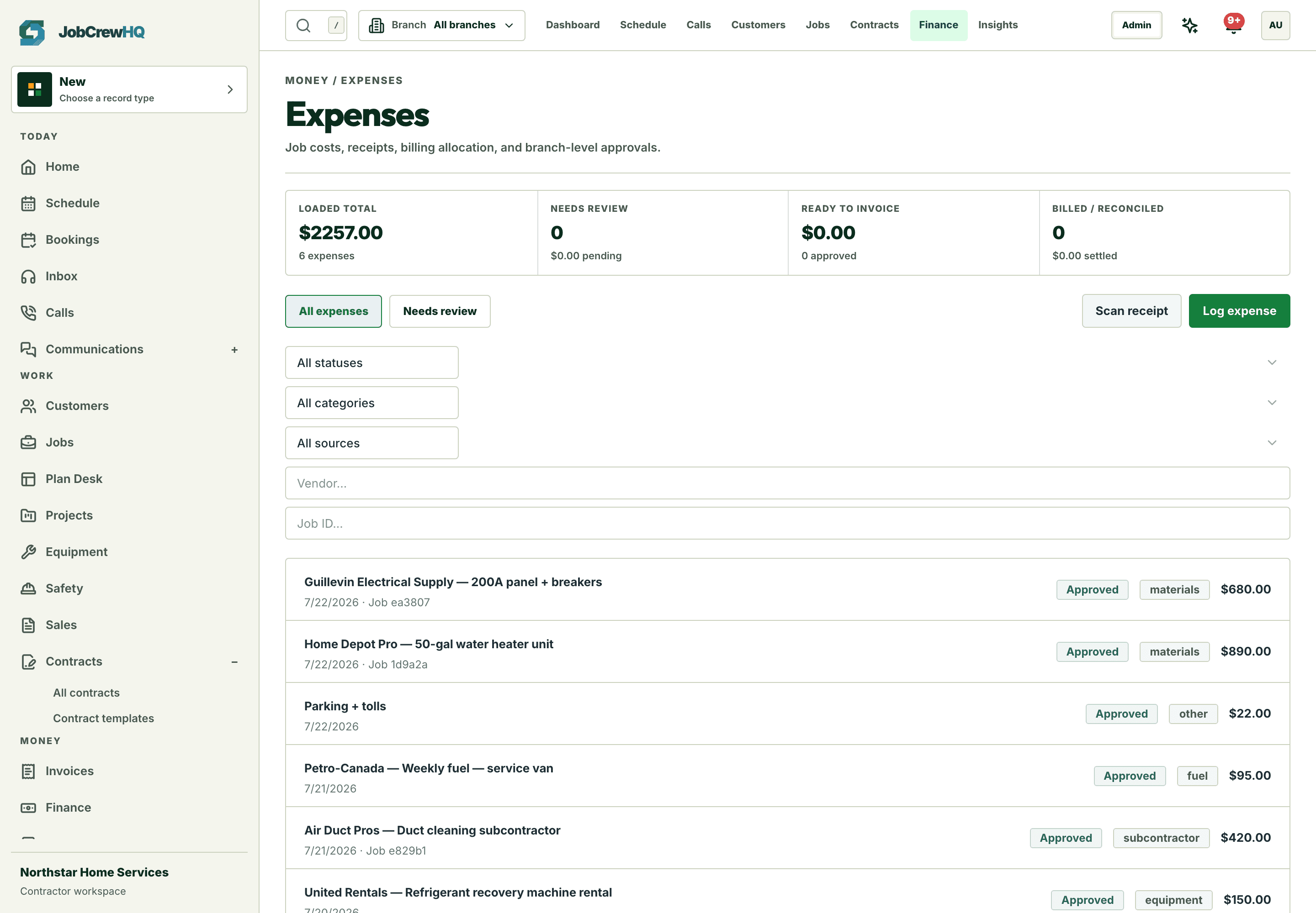 Expense tracking with categories and job attribution