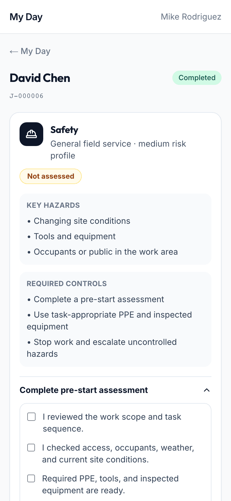 Technician mobile job view with status flow, forms, photos, and payment collection