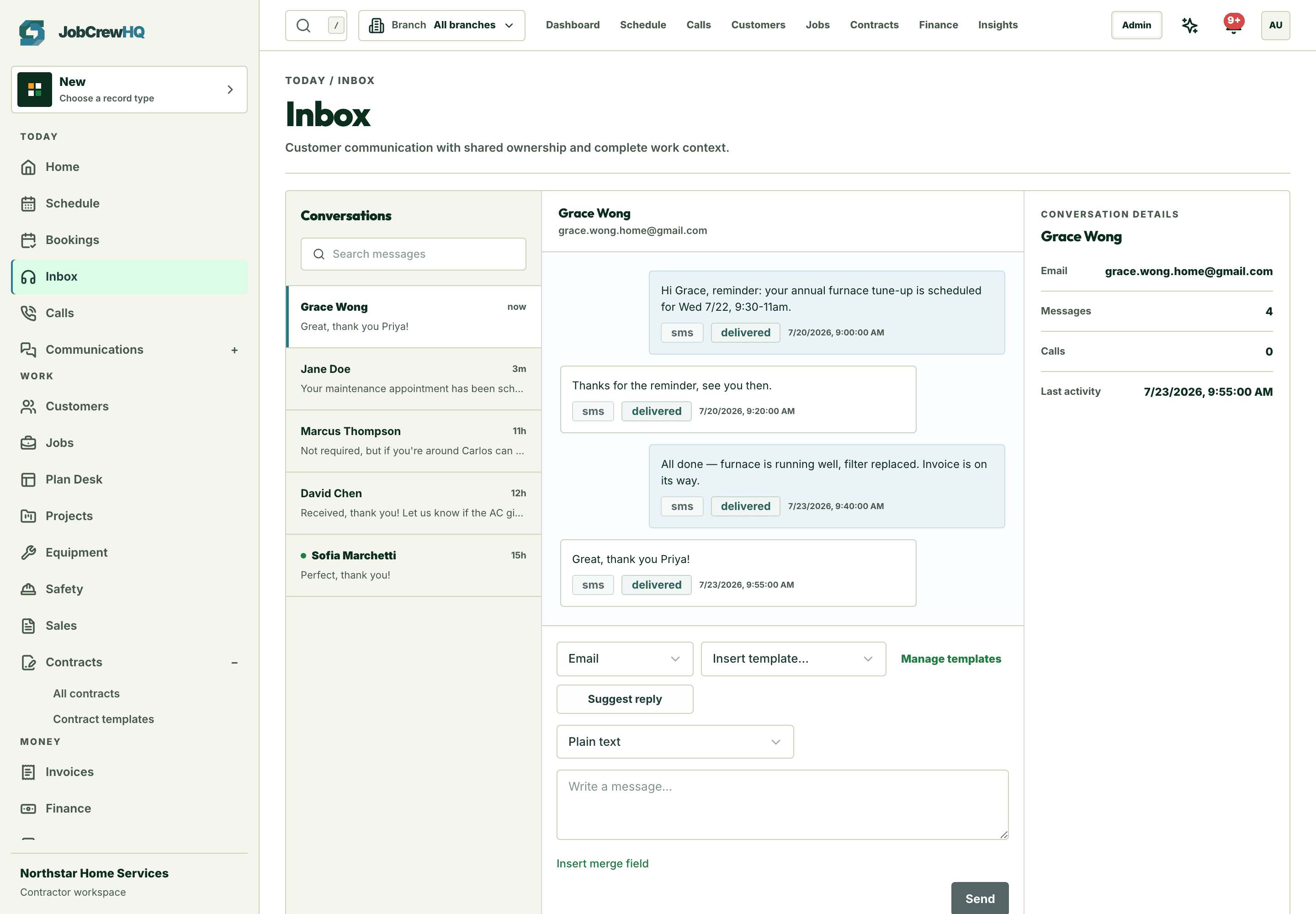 Unified inbox with two-way SMS conversations attached to customers and jobs