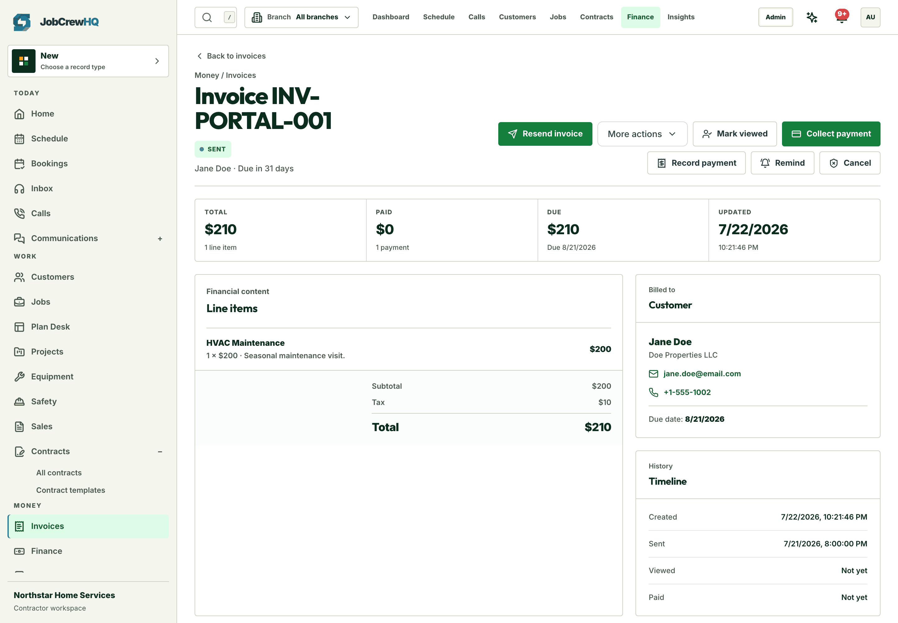Invoice detail with line items, payment history, and receipt trail