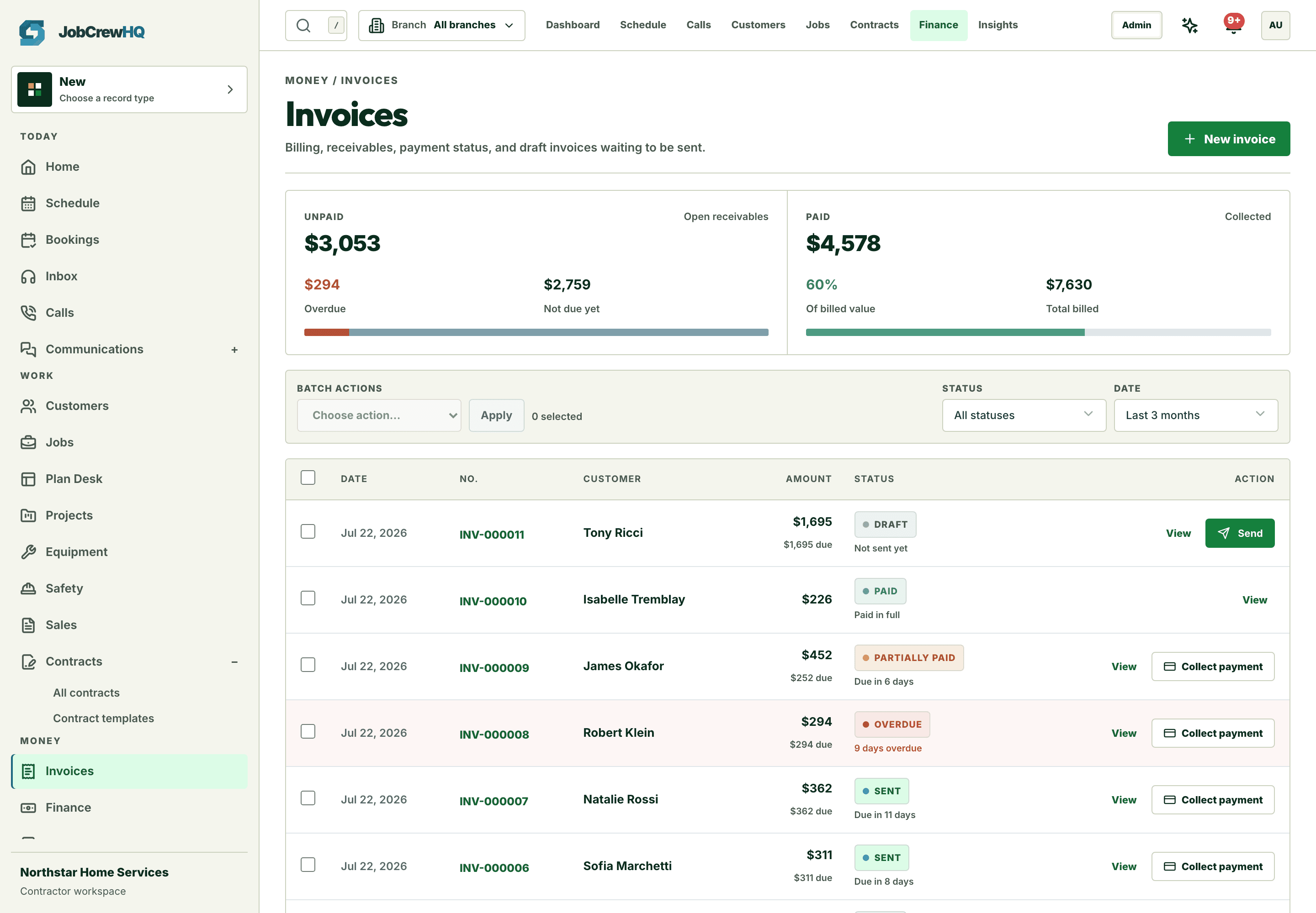 Invoice list showing paid, awaiting, and overdue balances