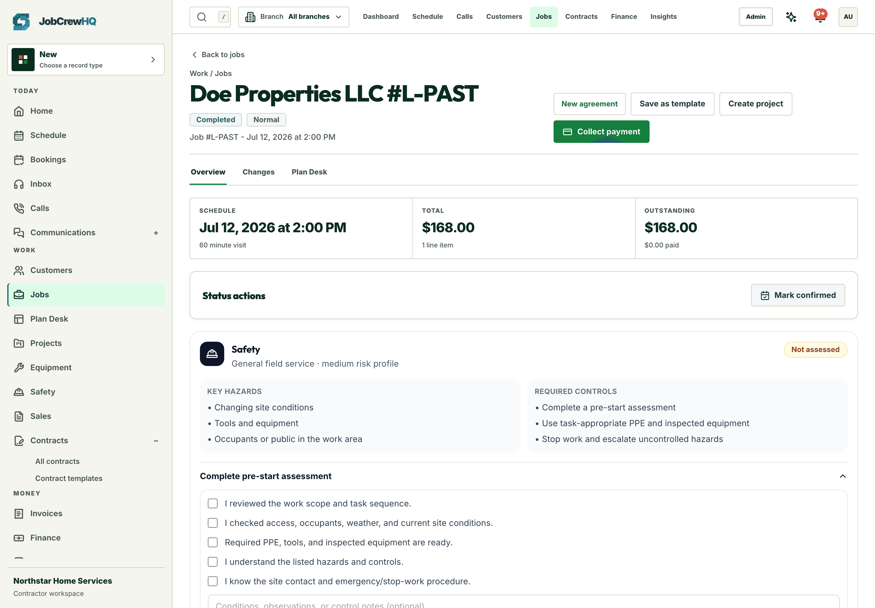 Job record with visit details, line items, technician assignment, and closeout requirements