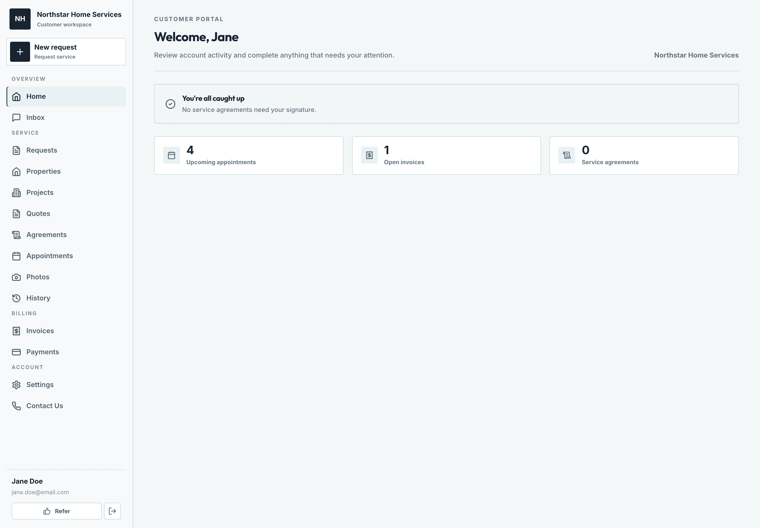 Customer portal with upcoming appointments, quotes to approve, and open invoices