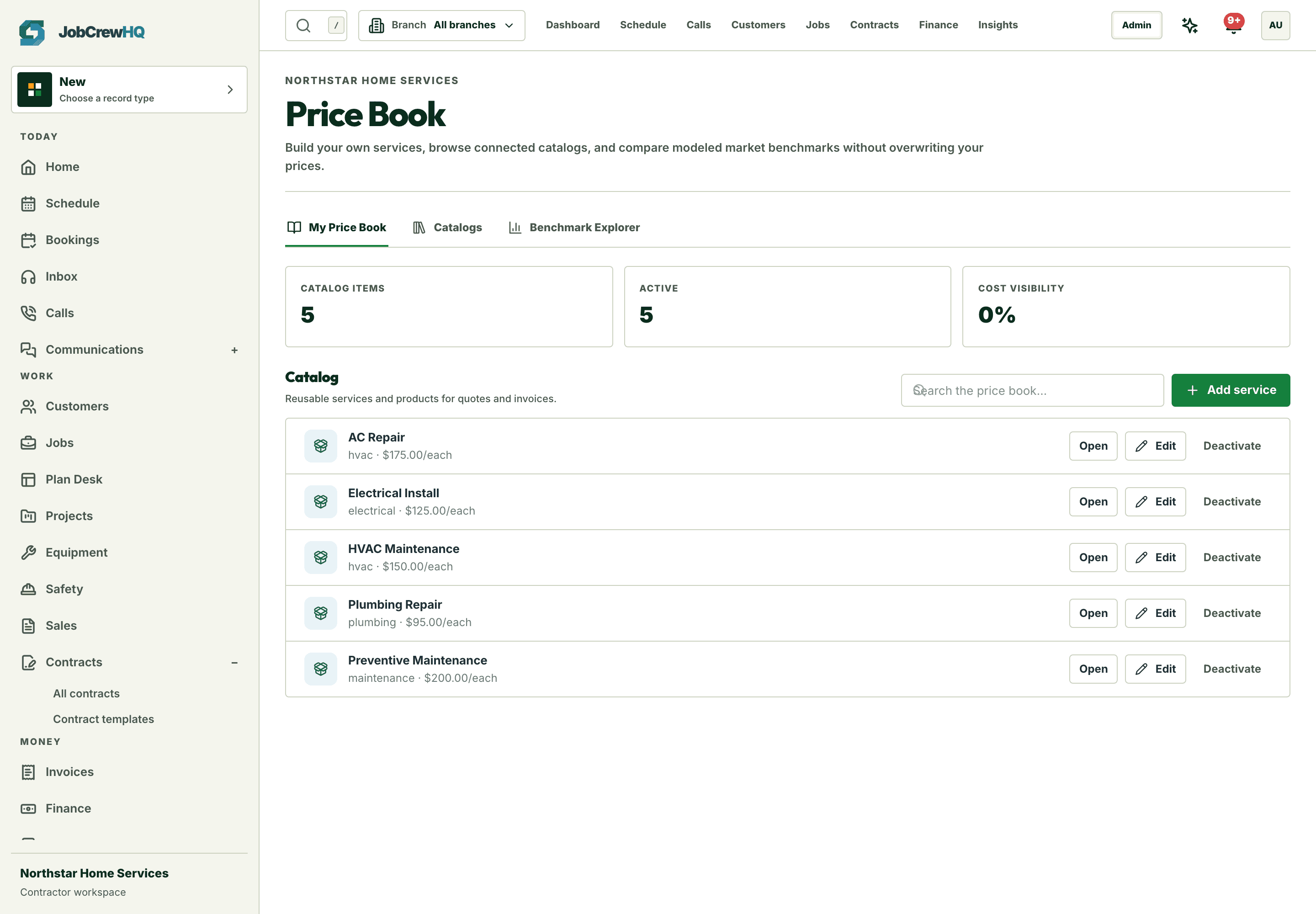 Price book with services, cost, markup, and tax configuration