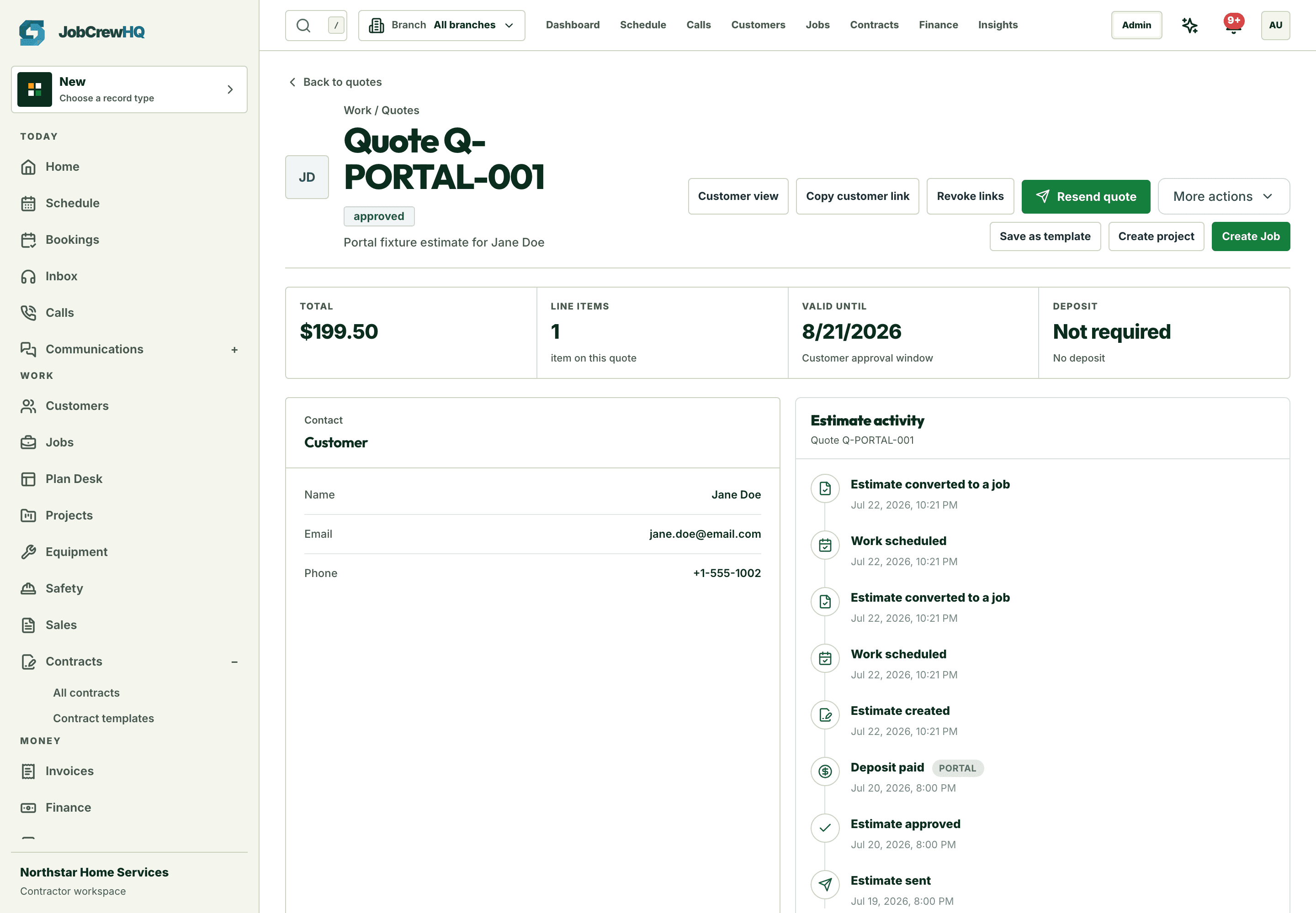 Quote builder with price-book line items, totals, and customer approval status