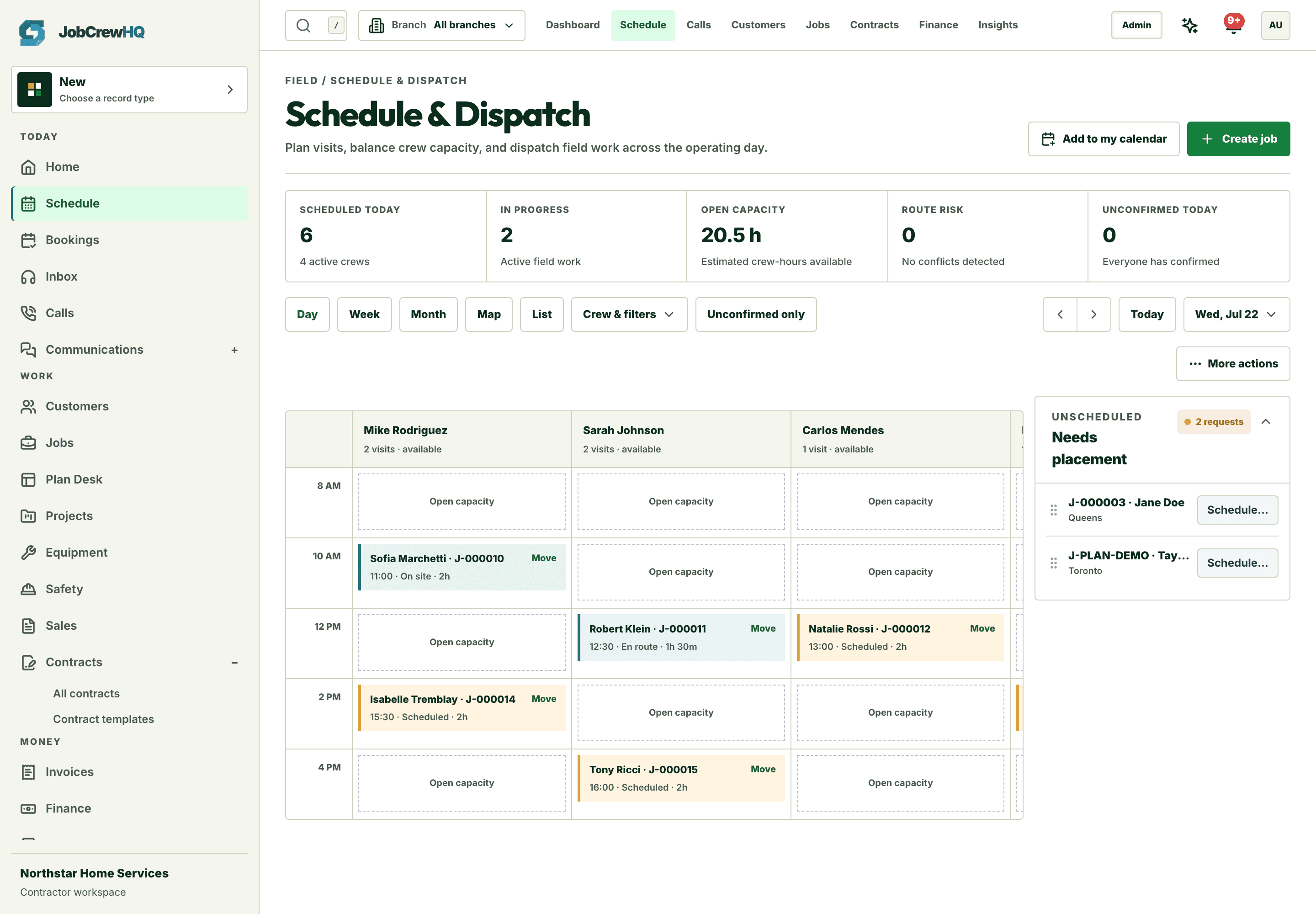 Dispatch board day view with technician columns, scheduled visits, capacity stats, and the unscheduled-work tray