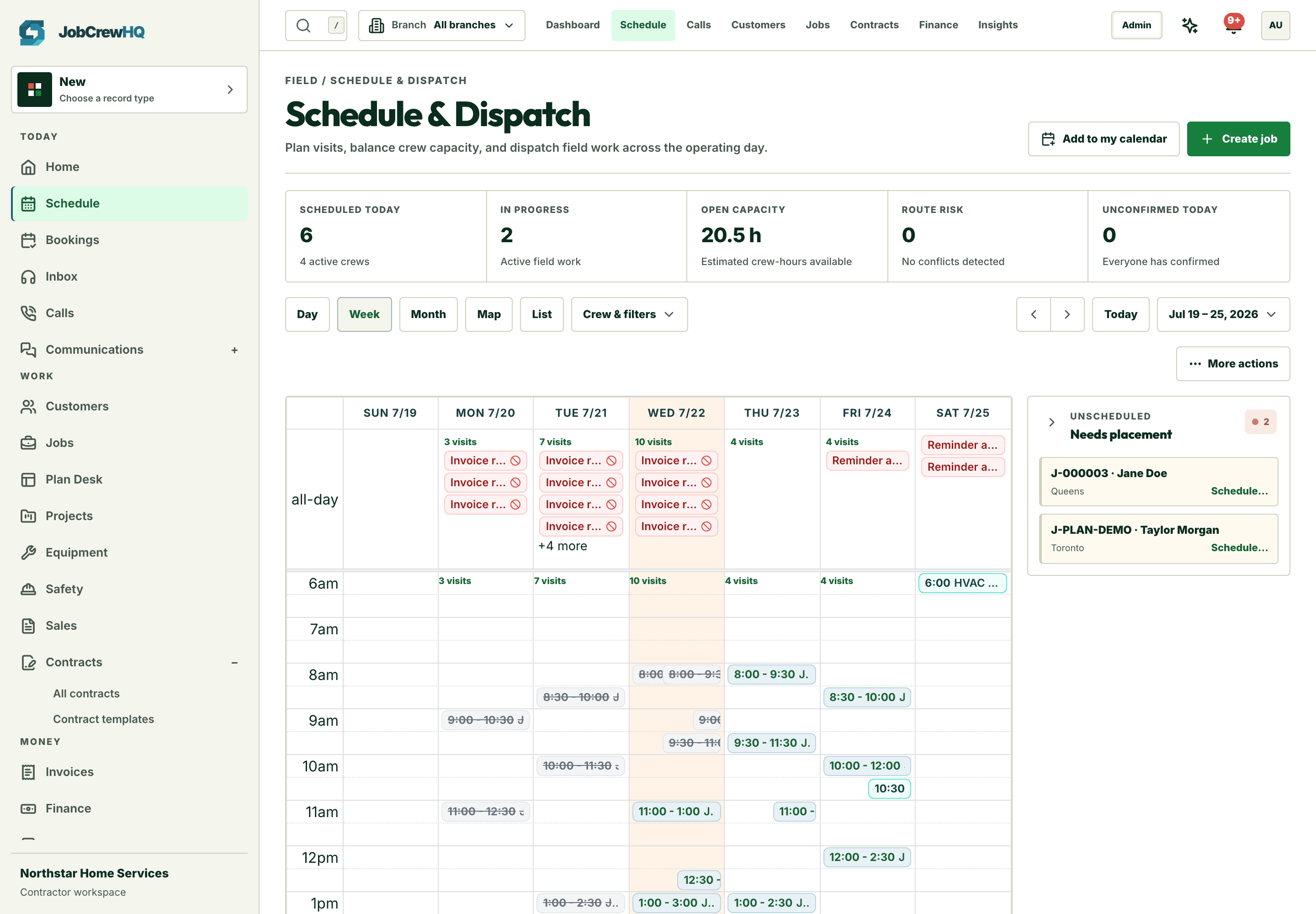 Schedule week view showing a full week of visits across the crew