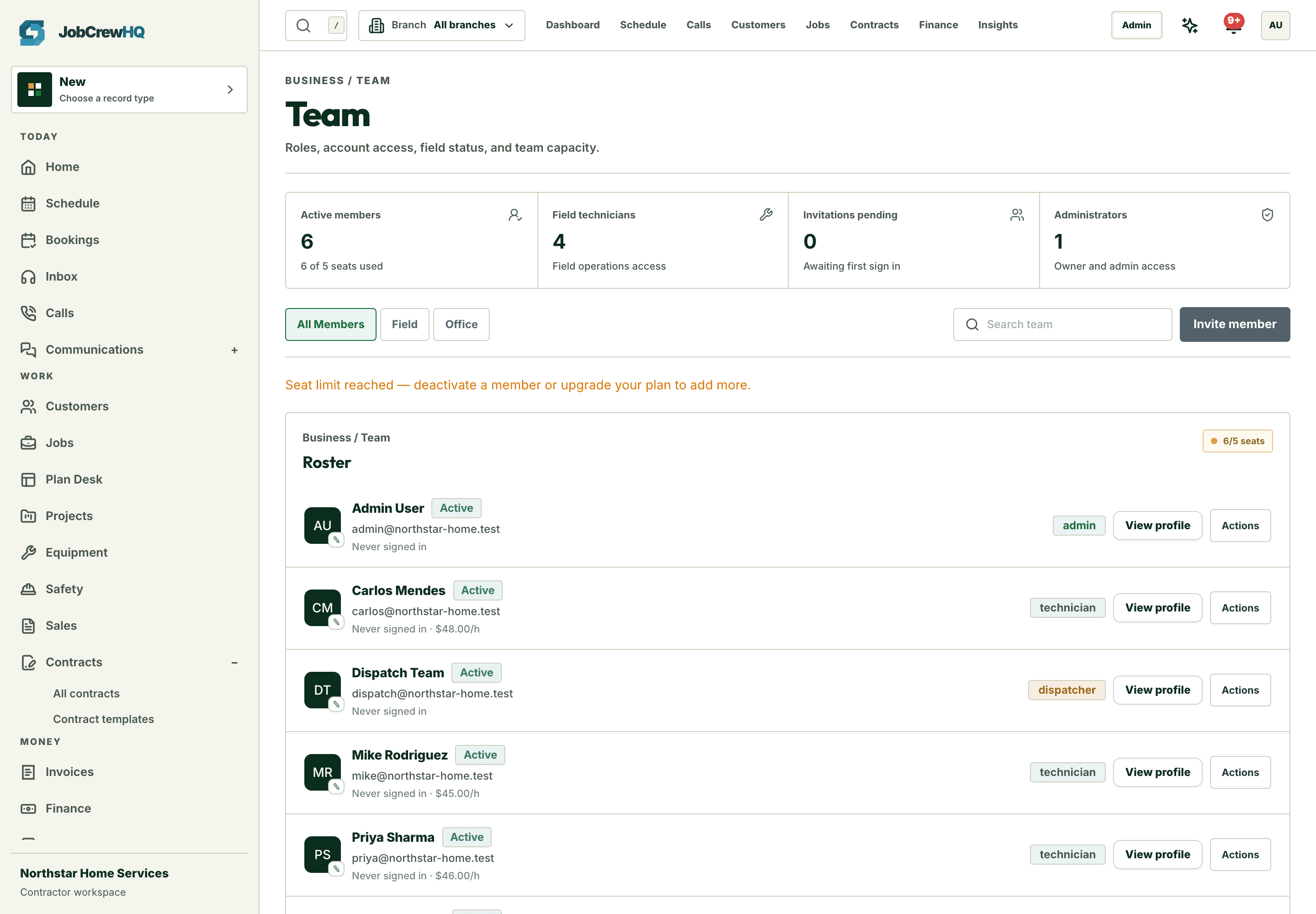 Team management with roles, permissions, and member status