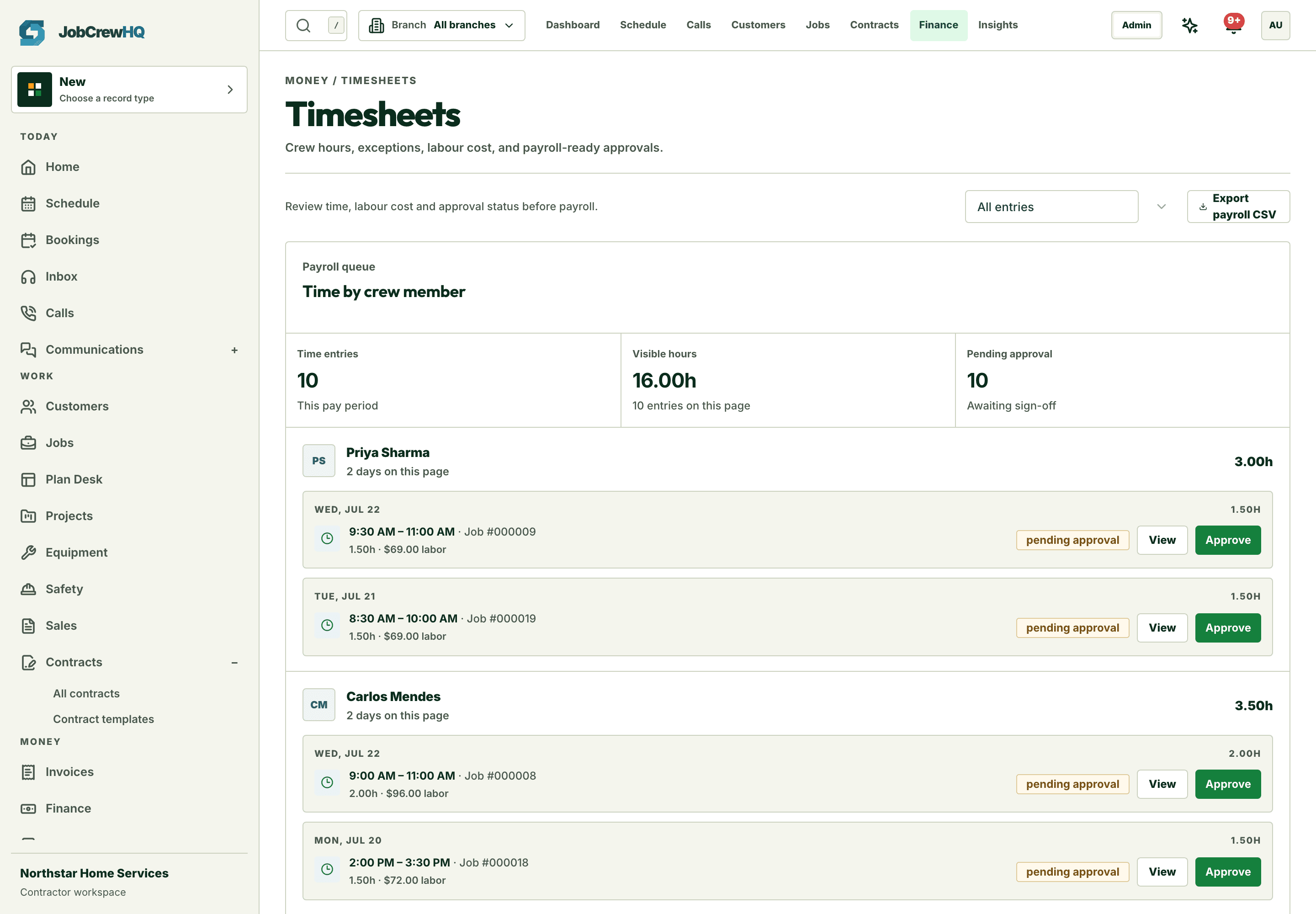 Timesheets with technician clock-in/out entries tied to jobs